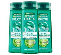 Garnier Fructis Aloe Hydra Bomb Champú hidratante para cabello deshidratado con gel de aloe vera y ácido hialurónico 72H, fórmula vegana hidratante sin siliconas, 3 botellas de 250 ml
