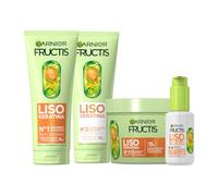Garnier Fructis Rutina Liso Keratina para cabello encrespado: Champú + Acondicionador + Mascarilla + Sérum activado por calor Liso & Listo
