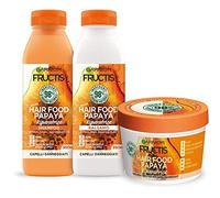 Garnier Fructis - Set de cuidado del cabello Papaya Hair Food Champú 350 ml + Acondicionador 350 ml + Máscara 3 en 1 390 ml Reparador para Cabello Resistente Fórmula Natural Vegano Sin Siliconas
