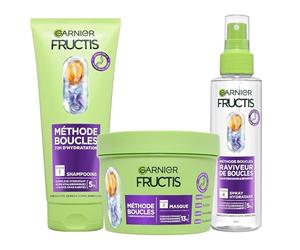 Garnier - Método de rizos Fructis - rutina 3 productos - Champú, máscara y spray hidratante - enriquecido con ácido hialurónico y manteca de karité - para todo tipo de rizos