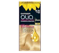 Garnier Olia 10.32 Platinum Gold Permanent Hair Colour 112 ml, sin amonia, Super Light Golden Platinum Blonde Hair Dye with 60% Oil-Powered Formula, Long Lasting Shine and Grey Coverage