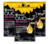 Garnier Olia Tinte de pelo permanente sin amoniaco, con aceites florales, color aclarador y acondicionador, 1,10 negro zafiro, 3 paquetes