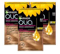 Garnier Olia Tinte permanente para el cabello sin amoníaco, coloración con aceites florales de origen natural con acción iluminadora y nutritiva, color 8.0 rubio claro - 3 paquetes