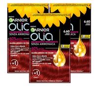 Garnier Olia Tinte permanente para el cabello sin amoníaco con aceites florales de origen natural con acción iluminadora y nutritiva, color 6.60 rojo intenso - 3 paquetes