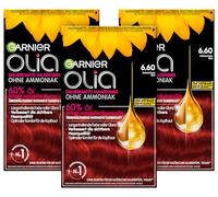 Garnier Olia Tinte permanente para el cabello sin amoníaco, con aceites nutritivos y naturales, cobertura total del cabello gris, coloración permanente, n.º 6.6, rojo intenso, 3 x 1 pieza
