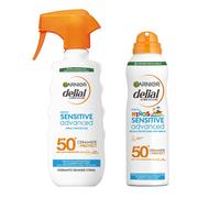 GARNIER | Pack Delial Spray Protector Sensitive Advanced Adultos crema solar para pieles claras, sensibles e intolerantes al sol IP50+. Muy resistente al agua, 0% graso, 0% pegajoso + Bruma Protectora