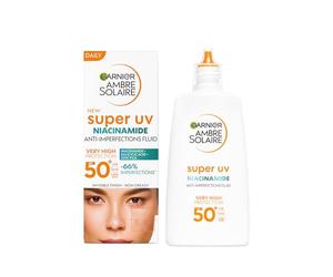 Garnier Protector solar UV para pieles propensas a la contaminación, protección solar ultra alta, FPS 50+, acabado invisible, Ambre Solaire Super UV Niacinamide Daily Fluid, 1 x 40 ml