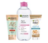 GARNIER | Rutina Cuidado de la Edad con Agua Micelar Clasica de 400ml + BB Cream Tono medio SPF25 Antiedad 50ml + Crema protectora Anti-Edad Super UV SPF50 con ácido hialuronico