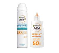 Garnier | Rutina Delial SUPER UV FPS50+ Bruma Protectora Facial con Textura Invisible - 75ML + SUPER UV Vitamina C FPS50+ Crema Fluida Diaria Anti-Manchas oscuras - 40ml
