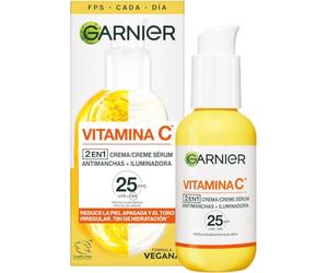 Garnier Sérum Facial Antimanchas 2 en 1 con 20% Vitamina C Y SFP25, 50ml | Acción Anti-Ojeras, Uso Día y Noche, Acabado No Graso, Protege del Sol, Clínicamente Probado
