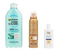 Garnier Set de cuidado para piel bronceada, con protector solar SPF 50+ con hialurón, spray autobronceador con aceite de albaricoque y loción para después del sol con aloe vera, set de 3 piezas