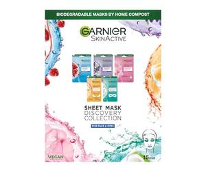 Garnier Sheet Mask Discovery Collection, Juego de mascarillas faciales y oculares para pieles deshidratadas, apagadas y cansadas, con glicerina y ácido hialurónico, 5 Unidades ( Paquete de 1)