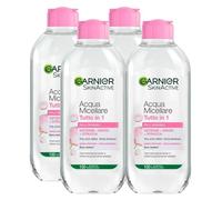 Garnier SkinActive - Agua de limpieza micelar todo en 1 Sensitive Limpia hidrata y elimina el maquillaje facial, ojos y labios, sin enjuague, fórmula hipoalergénica sin perfume, 4 botellas de 400 ml
