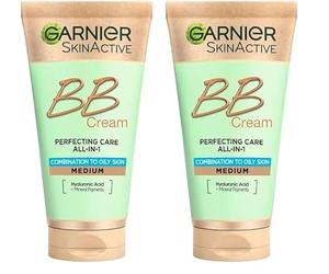 Garnier SkinActive BB Cream - Crema de día todo en 1 con ácido hialurónico y aloe vera para pieles mixtas y grasas, SPF 25, medio, 50 ml (Paquete de 2)