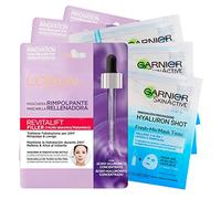 Garnier SkinActive Hyaluron Shot Fresh Mix - Máscara de tejido hidratante y suavizante + 3 máscaras de tejido antiarrugas y antiarrugas