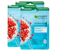 Garnier SkinActive Hydra Bomb - Máscara facial súper hidratante y energizante de tela con granada y ácido hialurónico, 3 máscaras desechables