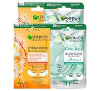 Garnier SkinActive Hydra Bomb - Máscara de ojos contra las ojeras con zumo de naranja y ácido hialurónico, 4 parches + Cryo Jelly, máscara de ojos antifatiga efecto hielo con glicerina y mentol, 4