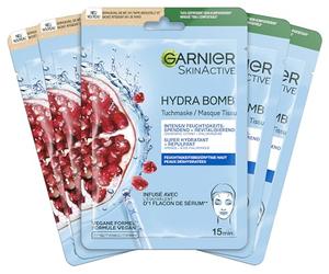 Garnier SkinActive Hydra Bomb - Mascarilla facial de granada, revitalizante e hidratante, con ácido hialurónico y extracto de granada, SkinActive, Hydra Bomb, 5 unidades de 28 g