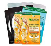 Garnier SkinActive - Mascarilla de tela hidratante granada + 2 bombas hidratantes de manzanilla + 2 bombas hidratantes de té verde + 2 purificadoras de carbón puro + 2 ojos antifatiga