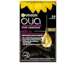 Garnier Tinte permanente para cabello Olia sin amoniaco, con aceites nutritivos y naturales, cobertura total del cabello gris, coloración permanente, número 3.0, marrón oscuro, 1 pieza
