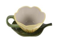 GAROZATION Juego de Taza de Café con Forma de Tulipán de Cerámica Pintada a Mano y Platillo de Hojas, Capacidad 320ml, Resistente al Calor y Apta para Lavavajillas, Adecuado para Oficina