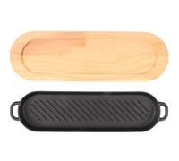 GAROZATION Plancha de Hierro Fundido para Asar Carne con Doble Oreja, Sartén Antiadherente para Estufa, Plato para Servir con Base de Madera, Adecuado para Hogar y Restaurante, Uso