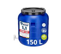 Garronda 150 litros Barril de Boca Ancha BPA-Libre con Grifo, Universal para Alimentos, Barril de Agua de Lluvia con Tapa, Barril para Jardines GD-0092, Azul