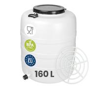 Garronda 160 L + Grifo + Prensa Bidon Barril de Plástico HDPE como Contenedor y Deposito para Agua y Alimentos para Almacenamiento, Fermentación y Recogida de Lluvia GD-0187 Blanco