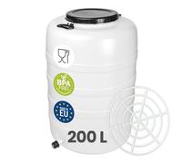 Garronda 200 L + Grifo + Prensa Bidon Barril de Plástico HDPE como Contenedor y Deposito para Agua y Alimentos para Almacenamiento, Fermentación y Recogida de Lluvia GD-0187 Blanco