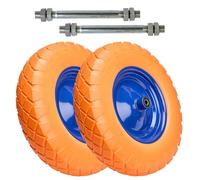 Garronda x2 Rueda de carretilla maciza PU 4.00-8 eje 12 mm - Neumático antipinchazo con llanta de acero, doble rodamiento, hasta 100 kg, para carretillas de jardín y obra GD-0165 (Naranja-Azul)