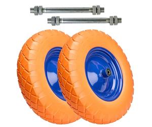 Garronda x2 Rueda de carretilla maciza PU 4.00-8 eje 12 mm - Neumático antipinchazo con llanta de acero, doble rodamiento, hasta 100 kg, para carretillas de jardín y obra GD-0165 (Naranja-Azul)