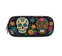 Garronmavis Estuche para lápices de calavera de esqueleto para niñas y niñas, diseño de cabeza de vaca y flores, bolsa duradera para lápices, Calavera de esqueleto de flores de, Mochila escolar