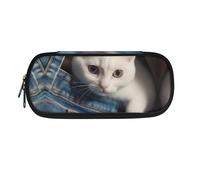 Garronmavis Estuche para lápices para niños y niñas, diseño de libélula, gran capacidad, escultura de papel de tigre, estuche duradero, Jean Pocket White Cat, Mochila escolar