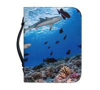 Garronmavis Hawaii Fish Sharks - Funda bíblica para mujer, diseño de tiburón coral con bolsillos, funda bíblica de criatura marina para peregrinación, talla XL