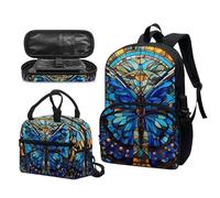 Garronmavis Spalsh Fluid Painting - Juego de 3 bolsas escolares de 17 pulgadas con diseño de mandala de loto para adolescentes, bolsa de almuerzo estética, bolsa de lápices, Vitral Blue Morpho, Juego