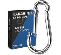 GARSIDURO Mosquetón de acero inoxidable, juego de 2 unidades, 12 x 140 mm, DIN 5299, acero inoxidable, mosquetón de bombero con cierre a presión, adecuado como llavero o para cargas pesadas y correa