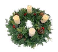 Gartenpirat Corona de Navidad artificial de 60 cm de diámetro con 4 velas LED, efecto parpadeante, corona de Adviento adornada con piñas y bayas rojas