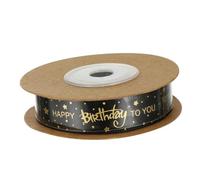GARVALON Cinta Decorativa de Seda Negra 1,5 Cm X 9,14 M Estampado Dorado Feliz Cumpleaños, Cinta para Envolver Regalos y Decorar Pasteles, Adecuado para Flores y Manualidades DIY