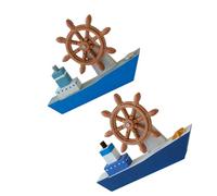 GARVALON Modelo de Barco Mediterráneo de Madera en Tonos Azules 2 Piezas, Decoración Mesa Costera para Fiestas Náuticas, Adorno Centro de Mesa y Figura Marinera Pequeña para Hogar