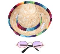 GARVALON Sombrero de Paja Decorativo para Mascotas Estilo Mexicano, Cómodo y Adorable, Material Sintético, Adecuado para Fiestas de Navidad y Halloween, 1 Set para Gato y Perro