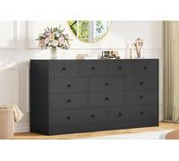 Garvee 12 Drawer Black Dresser for Bedroom - 61" Modern Wooden Chest of Drawers with Charging Station - Large Storage Organizer & TV Stand - Nursery, Closet, Living Room - Black