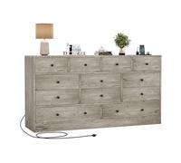 Garvee 12 Drawer Dresser for Bedroom - 61" Long Modern Wooden Chest with Power Outlet - Spacious Storage Organizer & TV Stand - Great for Nursery, Closet, Living Room - Antique Light Color