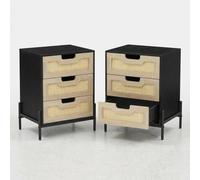 Garvee 2 mesitas de noche de ratán, mesa de noche de 3 cajones con patas de metal resistentes, armario de almacenamiento bohemio para dormitorio, sala de estar, espacio pequeño, color negro