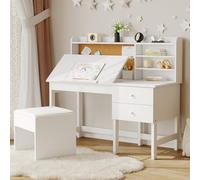 Garvee Adjustable Height Kids Desk and Chair Set - Tiltable Desktop, Hutch, Cork Board, Storage Drawer, Padded Stool Study Table for Boys & Girls - White