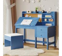 Garvee Adjustable Height Kids Desk and Chair Set - Tiltable Desktop, Hutch, Cork Board, Storage Drawer, Padded Stool Study Table for Boys & Girls - White