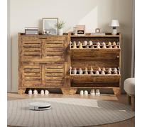 Garvee Ahorra espacio y ordena tu entrada - Armario zapatero estrecho de madera con 2 cajones abatibles y ganchos laterales, organizador de zapatos estilo granja rústica, ideal para espacios pequeños,