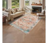 Garvee Alfombra Vintage Lavable con Medallón - Pelo Bajo y Base Antideslizante, Tonos Azul Marrón Rojo, Varios Tamaños, Apta para Salón, Dormitorio, Comedor, Cocina y Habitación Infantil