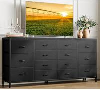 Garvee Almacenamiento Multifuncional - Mueble TV 63'' con 14 cajones y enchufes Integrados - Centro de Entretenimiento para Dormitorio, Sala o Entrada - Tapizado en Tela y Cuero Negro