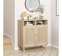 Garvee Aparador de ratán, 80 x 92 x 40 cm, aparador con 2 compartimentos abiertos y 2 puertas de ratán, cómoda de madera de madera natural