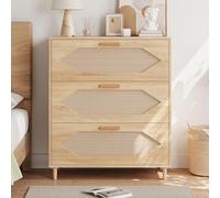 Garvee Aparador de ratán con 3 cajones de Madera - Estilo Natural y Moderno - Armario de Almacenamiento Espacioso - Montaje Sencillo Comedor, Dormitorio, salón o Pasillo - Color Madera